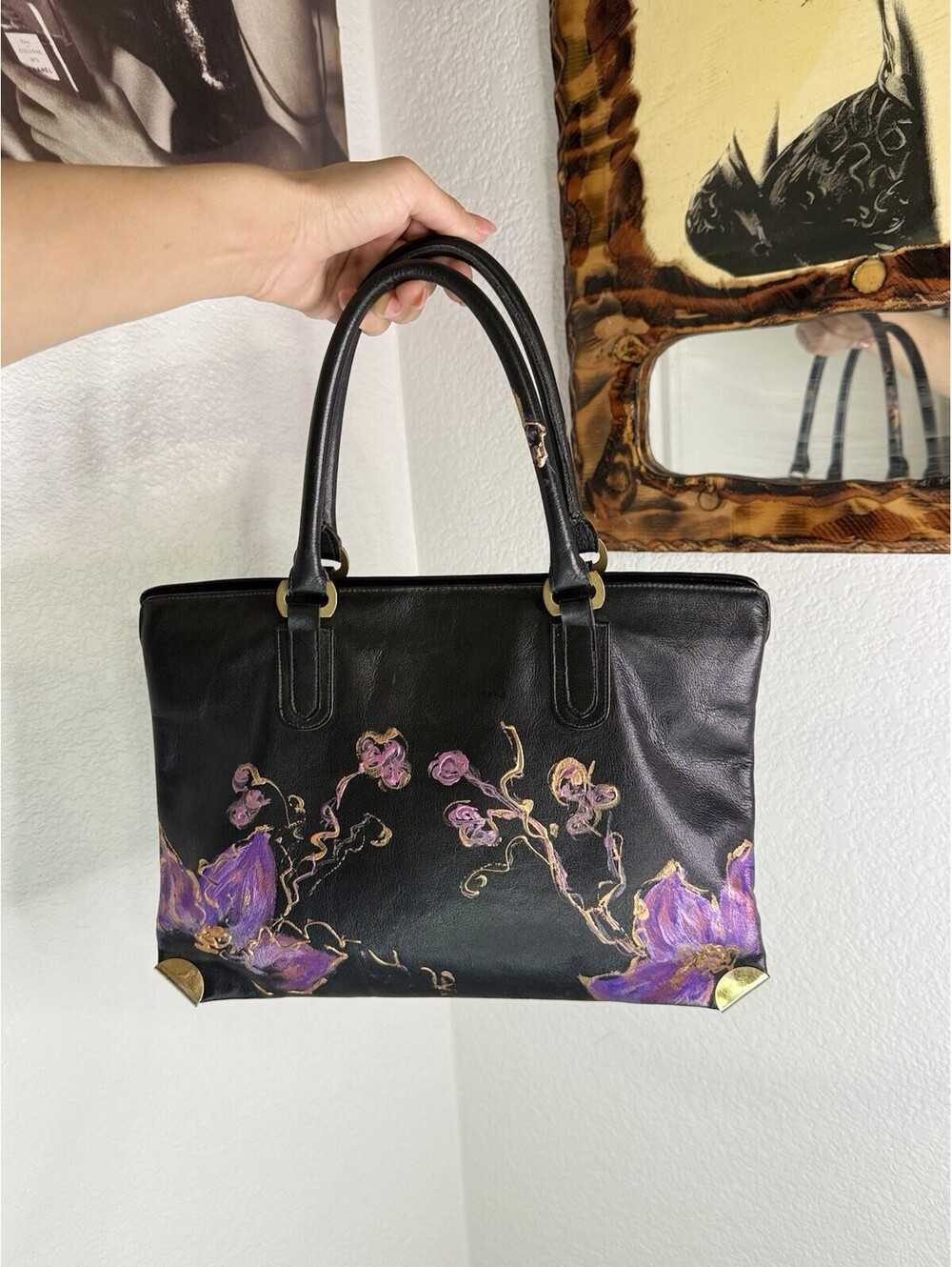 Borelli P Made in Italy Black Leather Hand Painted Floral Tote Handbag